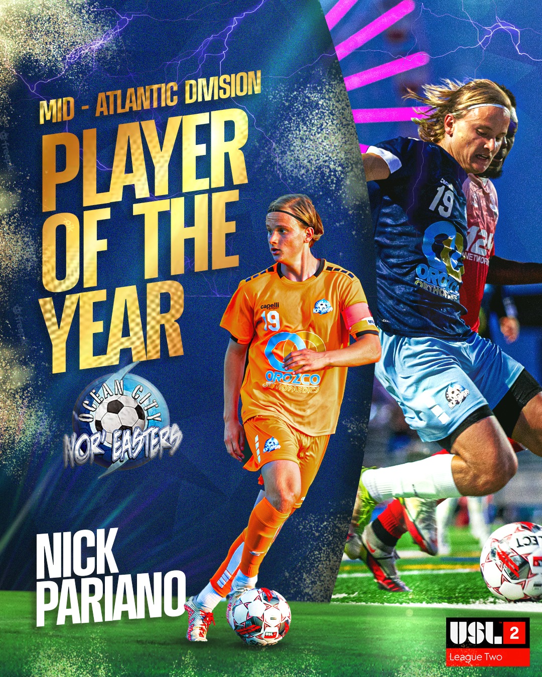 Nor'easters Nick Pariano voted Mid-Atlantic Division Player of the Year, USL-2 Team of the Year